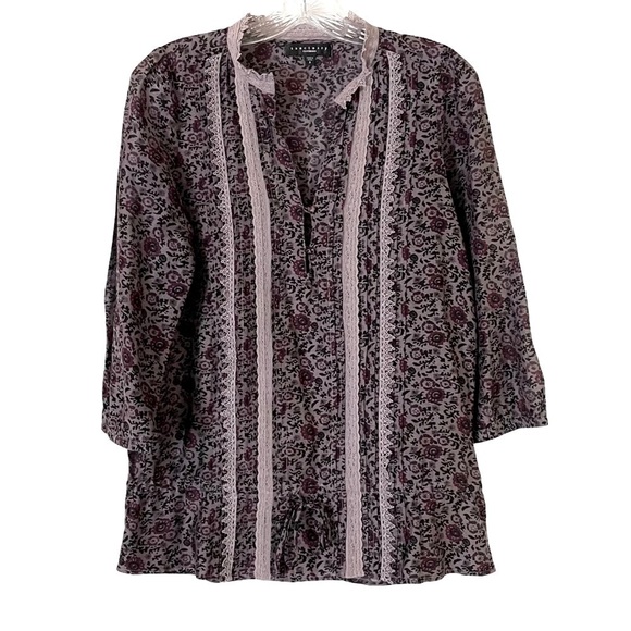 🌺 Sanctuary Purple Floral Boho Lace Silk Blend Lightweight Tunic Blouse Size XS - Picture 1 of 9